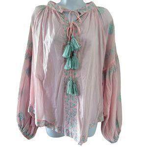 Pranella Light Pink Boho Embroidered V-Neck Top w/ Tassle Ties Size O/S